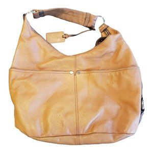 Tignanello Leather Shoulder/ Hobo Purse Camel 4 Front Pocket Striped Lining
